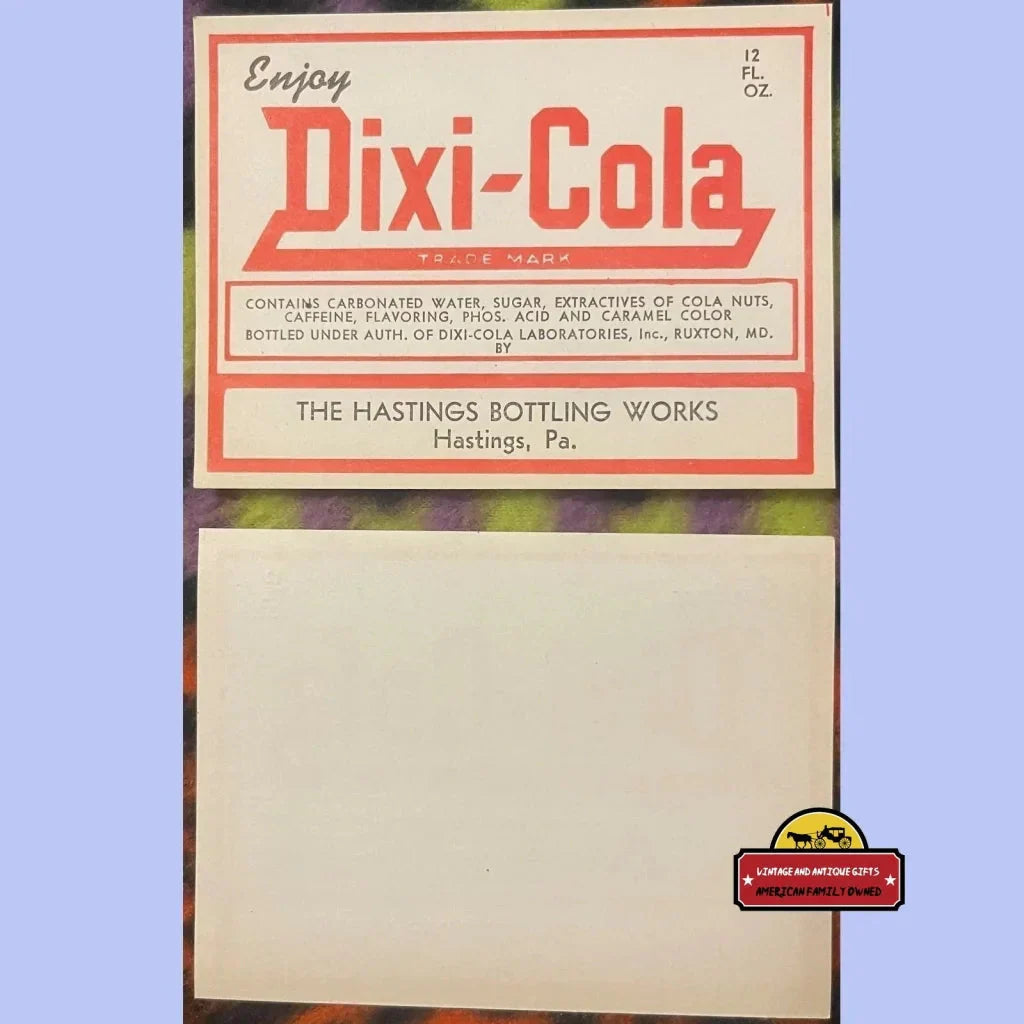 Vintage Dixi-Cola label from Hastings Bottling Works, a rare 1930s antique vintage find