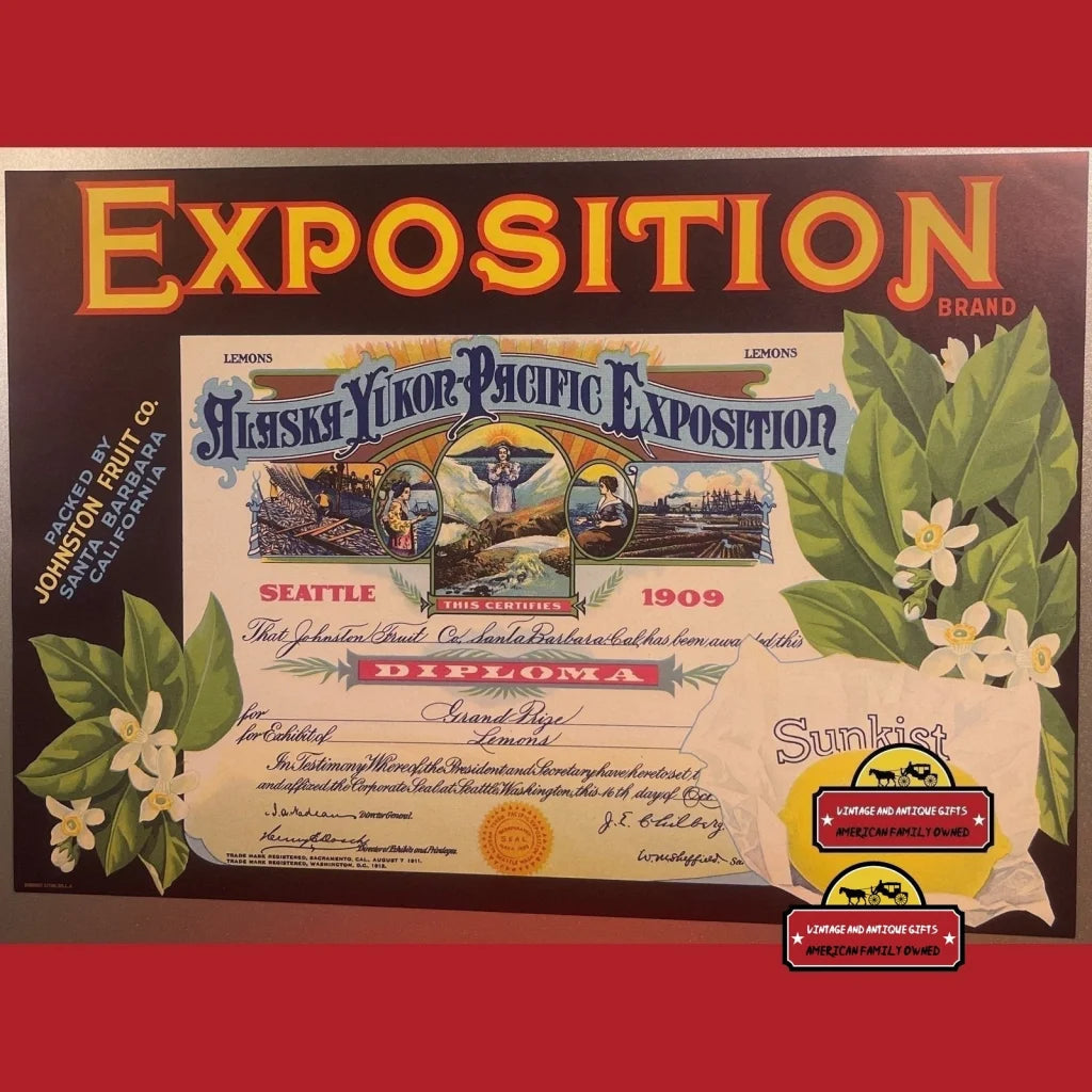 Antique Vintage Exposition Crate Label Santa Barbara Ca 1930s World’s Fair 1909 Advertisements Food and Home Misc.
