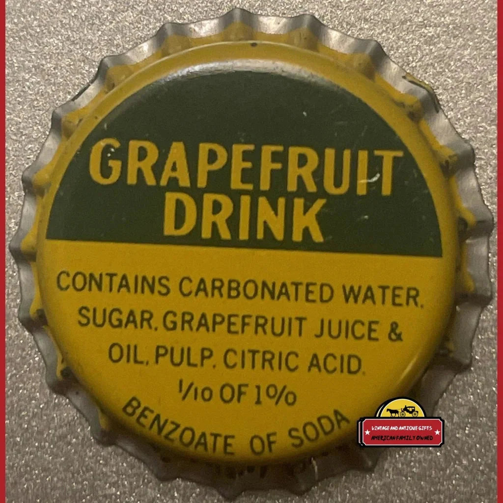 Antique vintage grapefruit bottle cap showing ingredients from 1960s Hagerstown drink