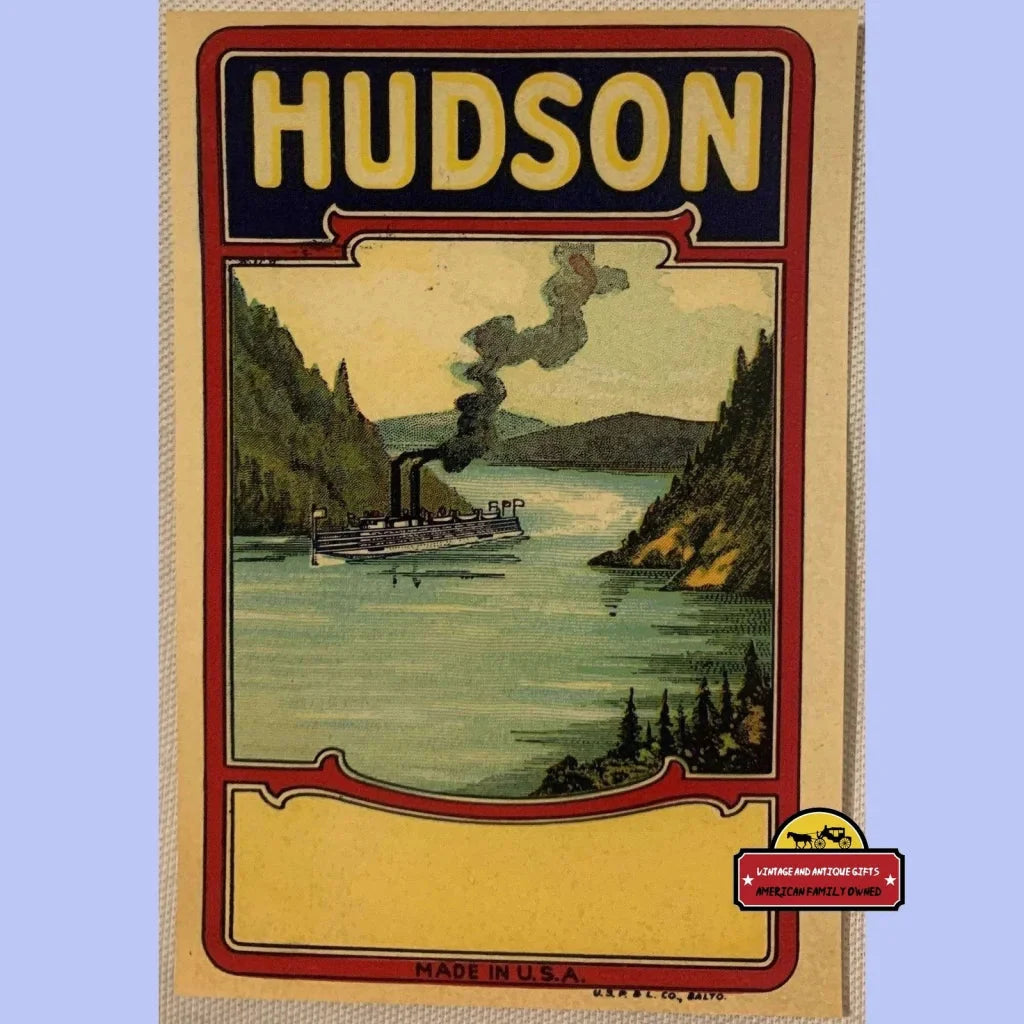 Vintage Hudson River broom label poster with a steamboat and scenic river view