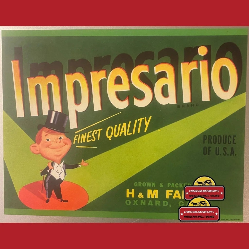 Antique Vintage Impresario Crate Label Oxnard Ca 1960s - 1970s Barker Advertisements and Gifts Home page - Authentic
