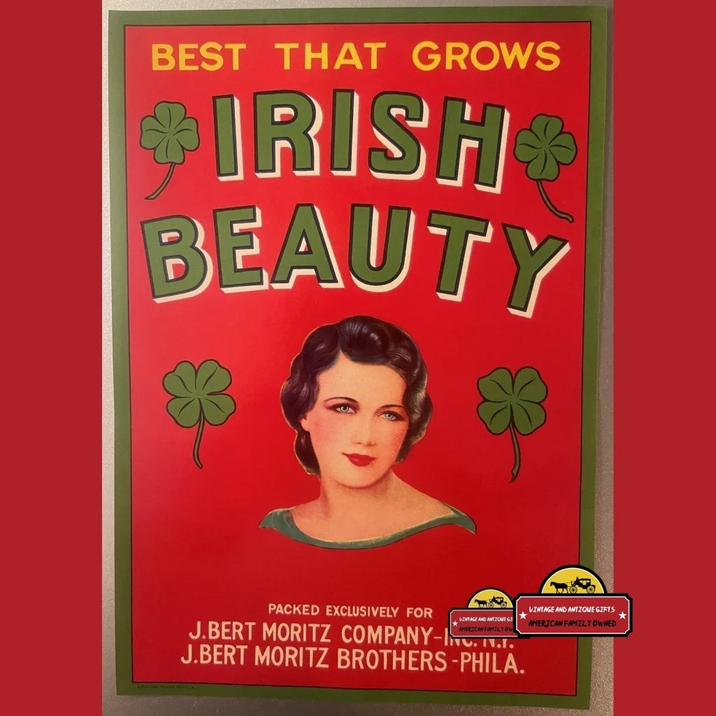 Antique Vintage Irish Beauty Crate Label Ny & Pa 1940s Four Leaf Clovers - Advertisements - Labels. Label: From Ny Pa