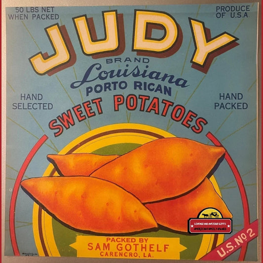 Antique Vintage Judy Sweet Potatoes Crate Label Carencro La 1930s Advertisements and Gifts Home page Rare Label: