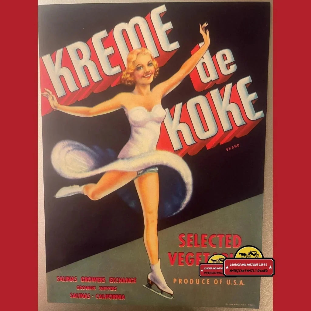 Antique Vintage Kreme De Koke Vegetable Label Salinas Ca 1930s Ice Skater Advertisements Rare