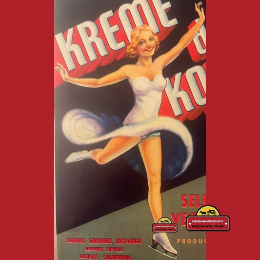 Antique Vintage Kreme De Koke Vegetable Label Salinas Ca 1930s Ice Skater Advertisements Food and Home Misc.