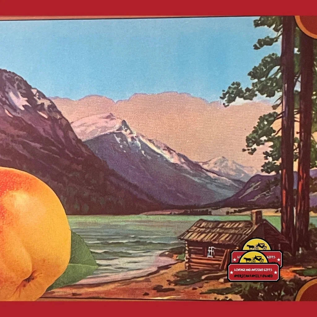 Vintage-style landscape painting of Lake Wenatchee in a rare antique crate label