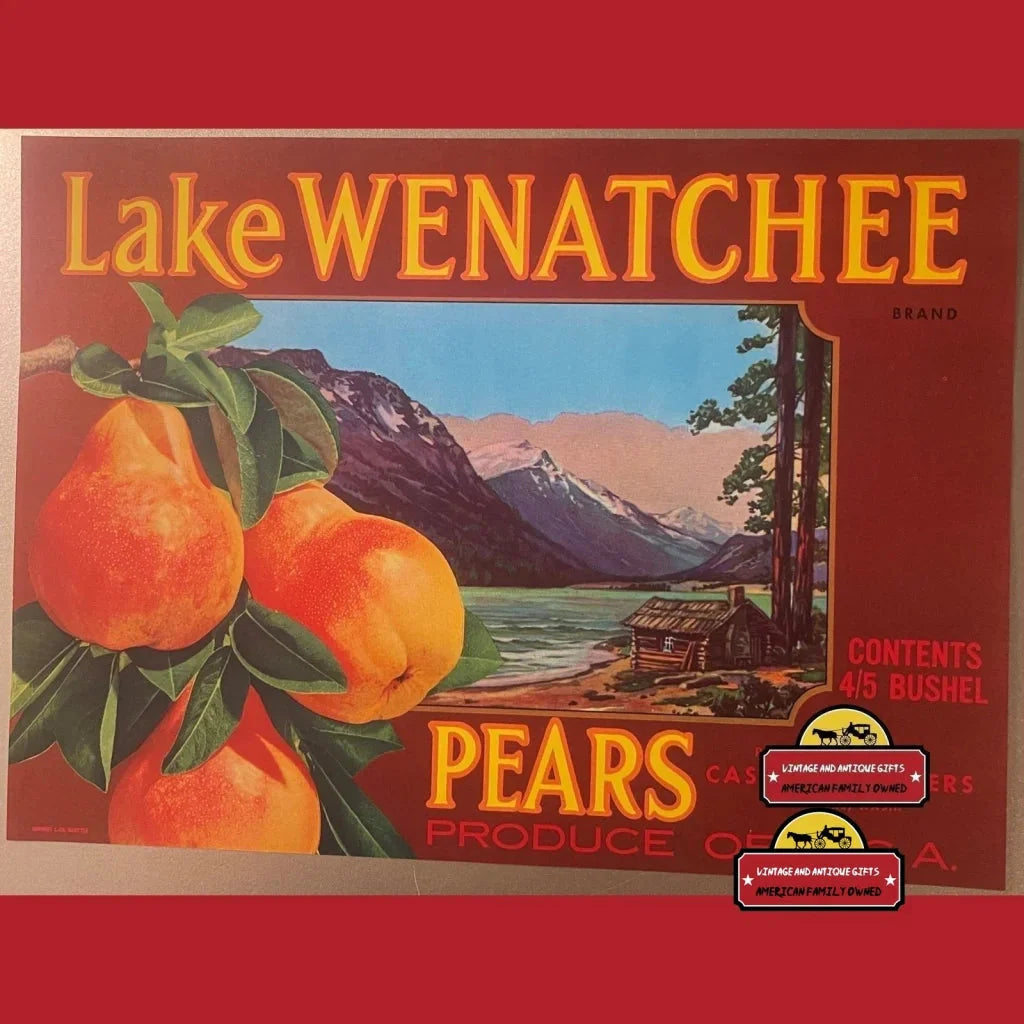 Vintage Lake Wenatchee crate label showcasing ripe pears and a scenic landscape