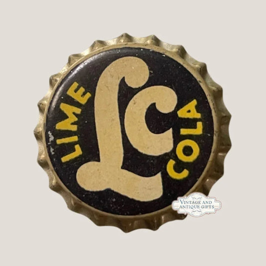 Vintage black and gold Lime Cola bottle cap from 1940s Montgomery collectible