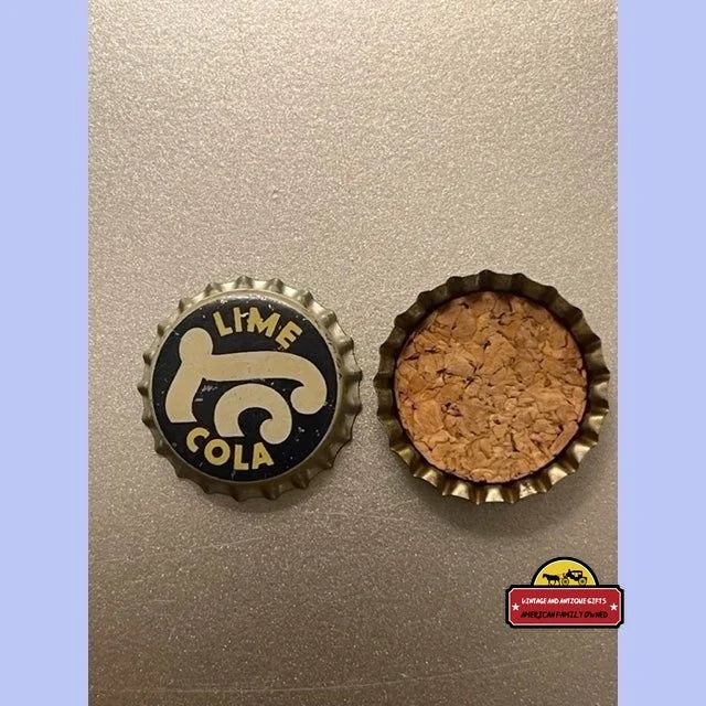 Two bottle caps, one with Lime Cola logo and a cork-filled cap, vintage 1940s find