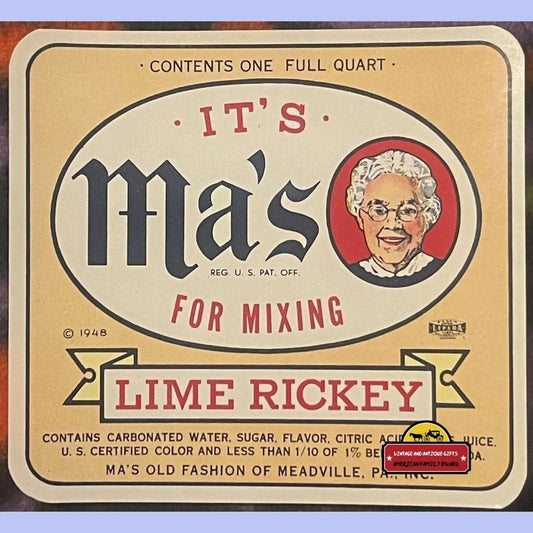 Antique Vintage Ma’s Lime Rickey Label Meadville Pa 1940s - 1950s Advertisements and Soda Labels Own a Piece of History: