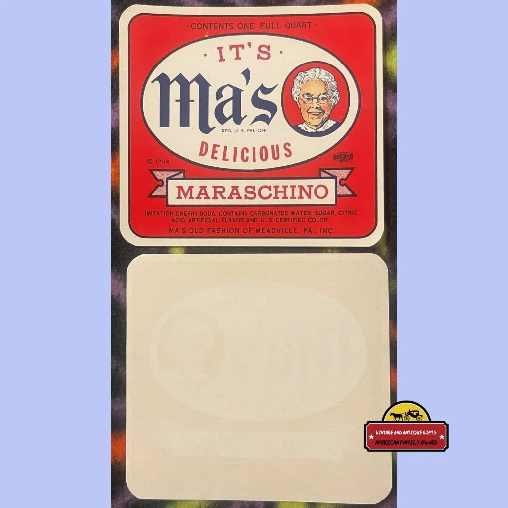 Antique Vintage Ma’s Maraschino Label Meadville Pa 1940s - 1950s - Advertisements - Soda And Beverage Memorabilia. From