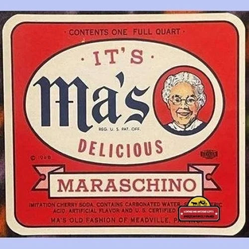 Antique Vintage Ma’s Maraschino Label Meadville Pa 1940s - 1950s - Advertisements - Soda And Beverage Memorabilia. From
