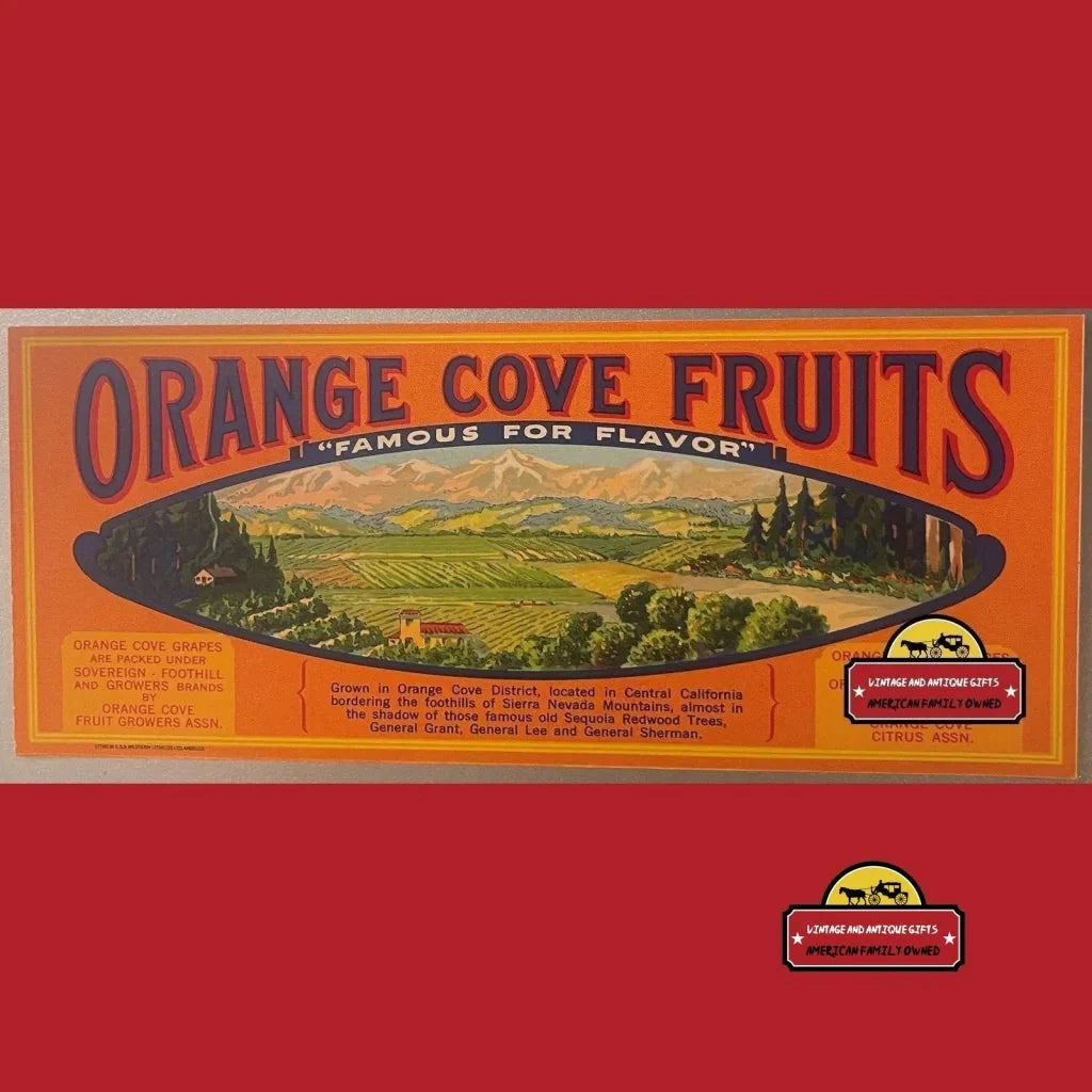 Antique vintage crate label for Orange Cove Fruits with scenic landscape from 1920s California