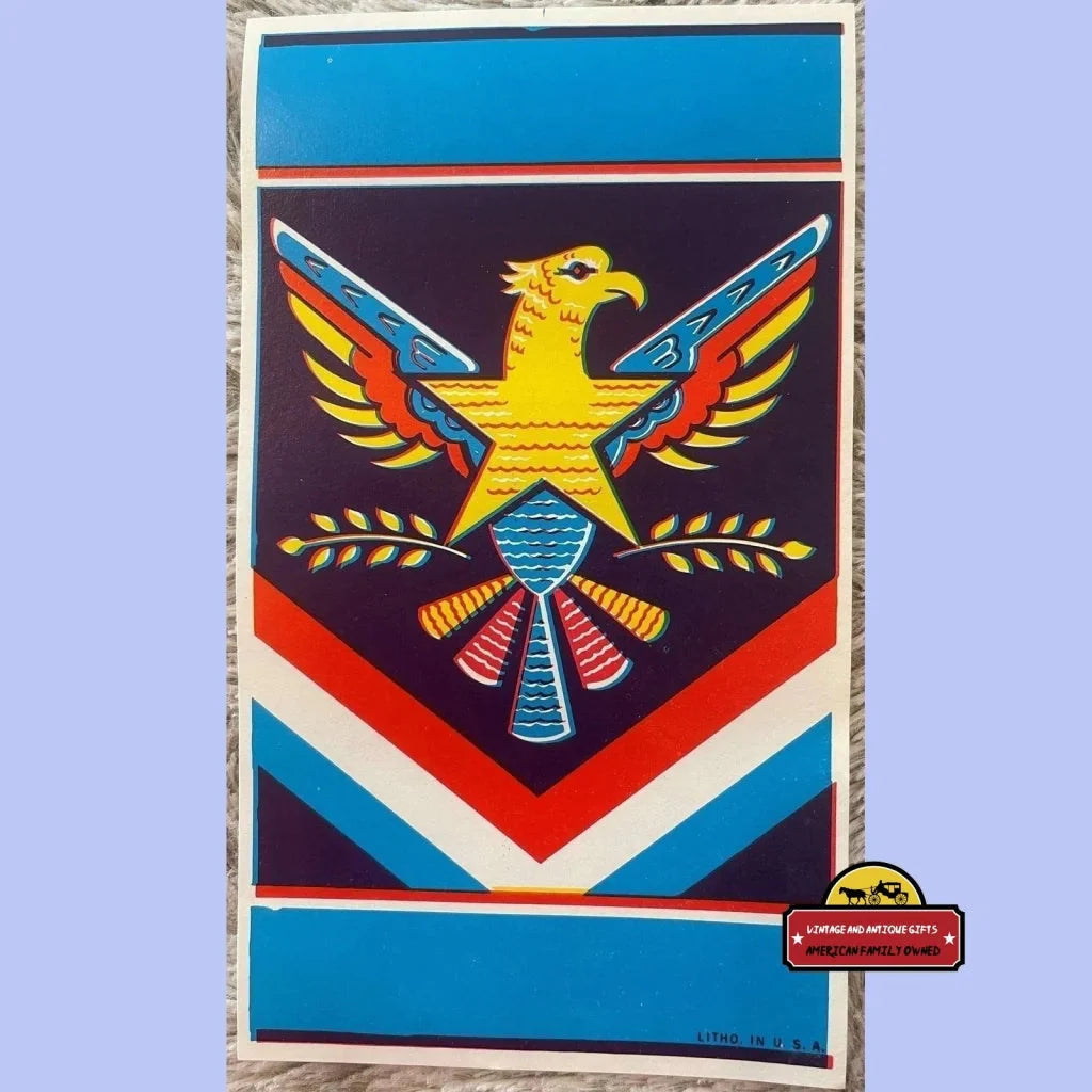 Stylized vintage patriotic eagle emblem on a colorful geometric broom label design