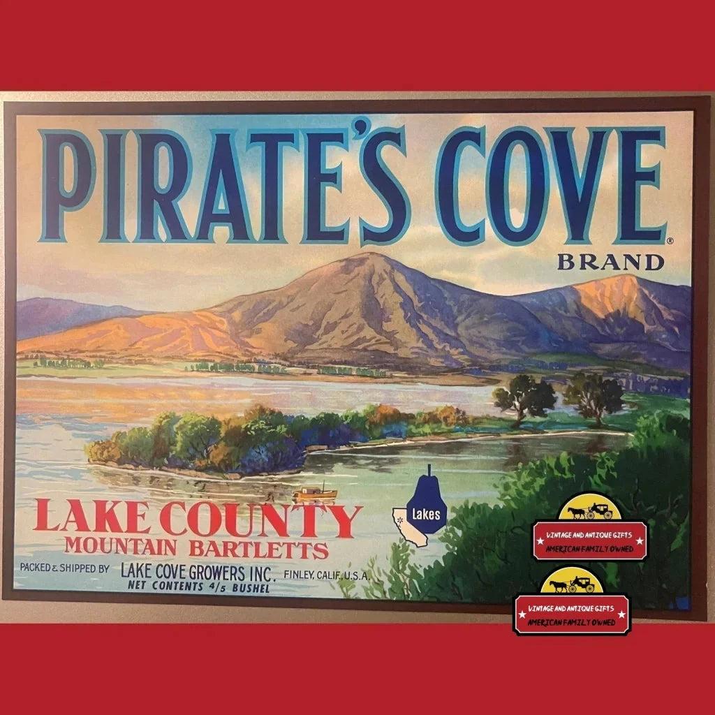 Rare Antique Vintage Pirates Cove Crate Label showcasing Lake County’s scenic mountains