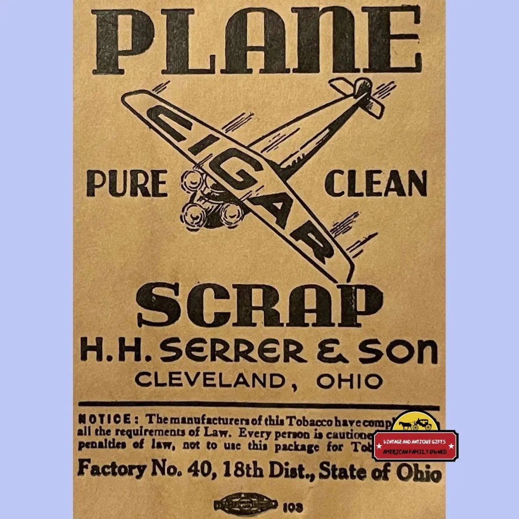 Vintage advertisement for Plane Scrap tobacco with airplane illustration in antique vintage style