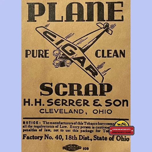 Antique Vintage Plane Cigar Scrap Bag Cleveland Oh 1920s - 1930s Advertisements Rare | 1920s-1930s - Unique Design &
