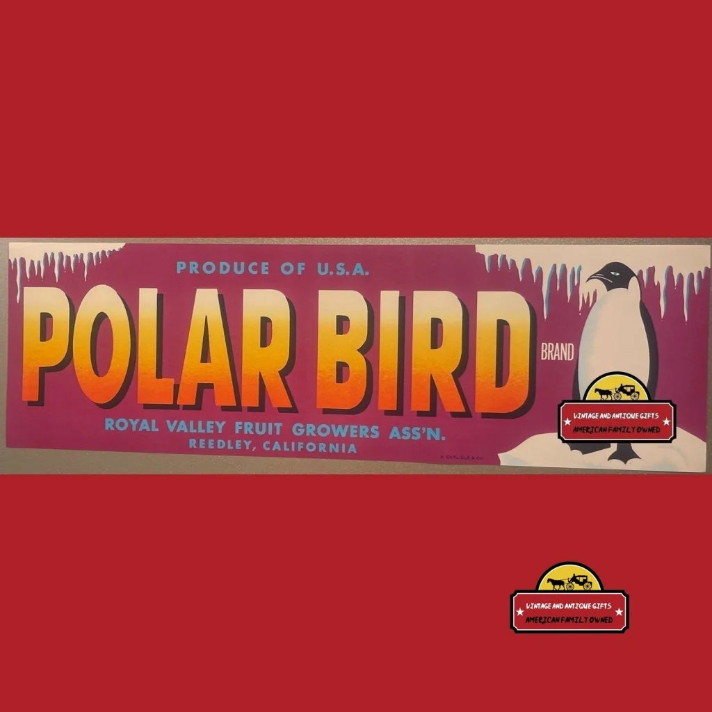 Antique Vintage Polar Bird Crate Label Reedley Ca 1950s Penguin Artic Décor Advertisements Food and Home Misc.