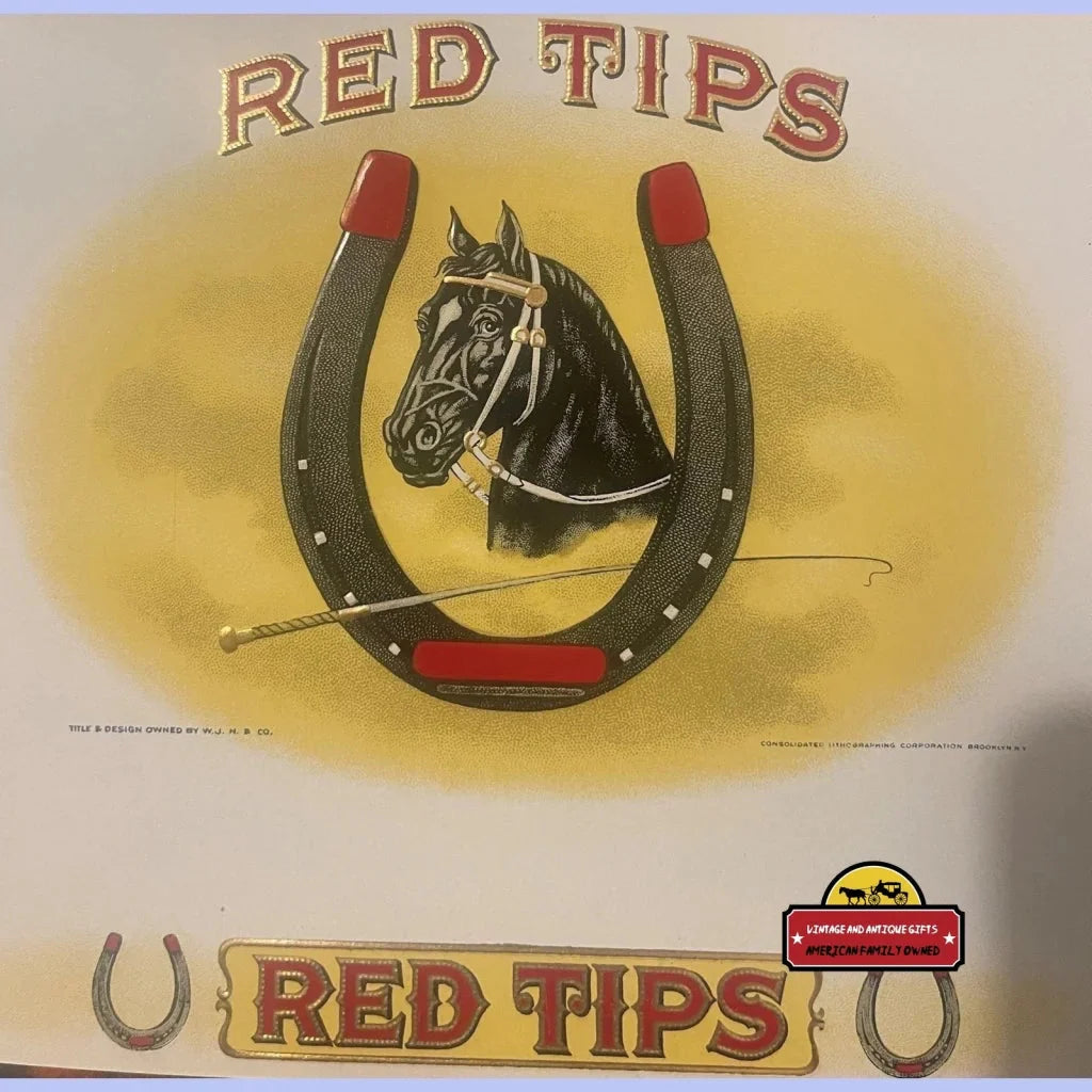 Vintage embossed cigar label with horse’s head in horseshoe and Red Tips text