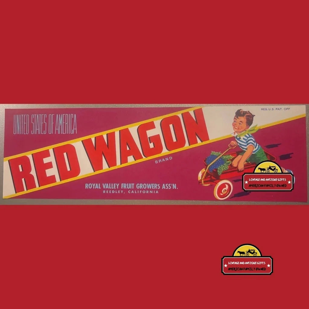 Vintage crate label featuring a child with a red wagon from California’s 1950s collection