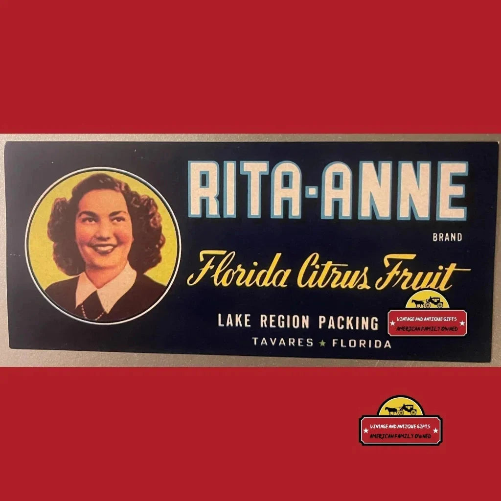 Vintage crate label for Rita-Anne Florida citrus in cool Art Deco style