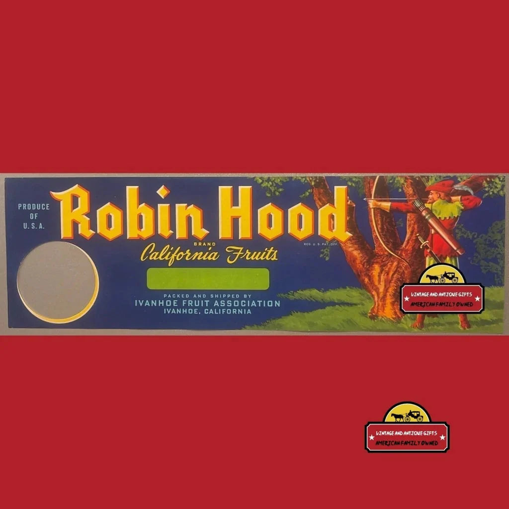 Vintage crate label for Robin Hood California fruits with tree and bow and arrow design