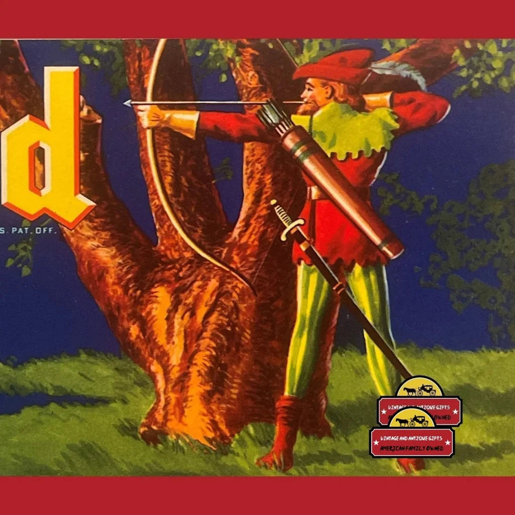 Colorfully dressed archer aiming a bow on a Rare 1950s Robin Hood Antique Vintage Crate Label