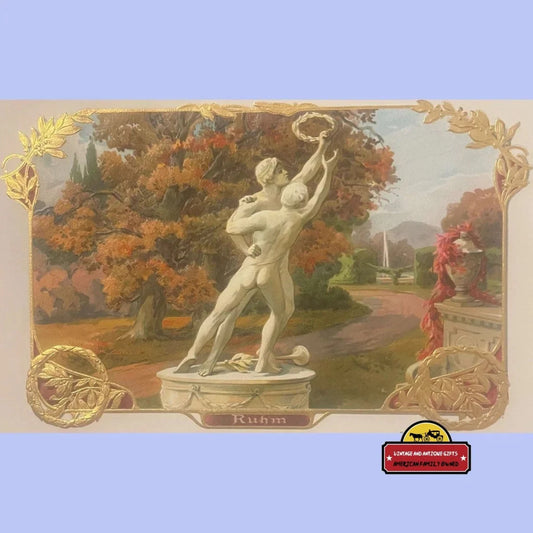 Muscular male statue holding staff on embossed antique cigar label design