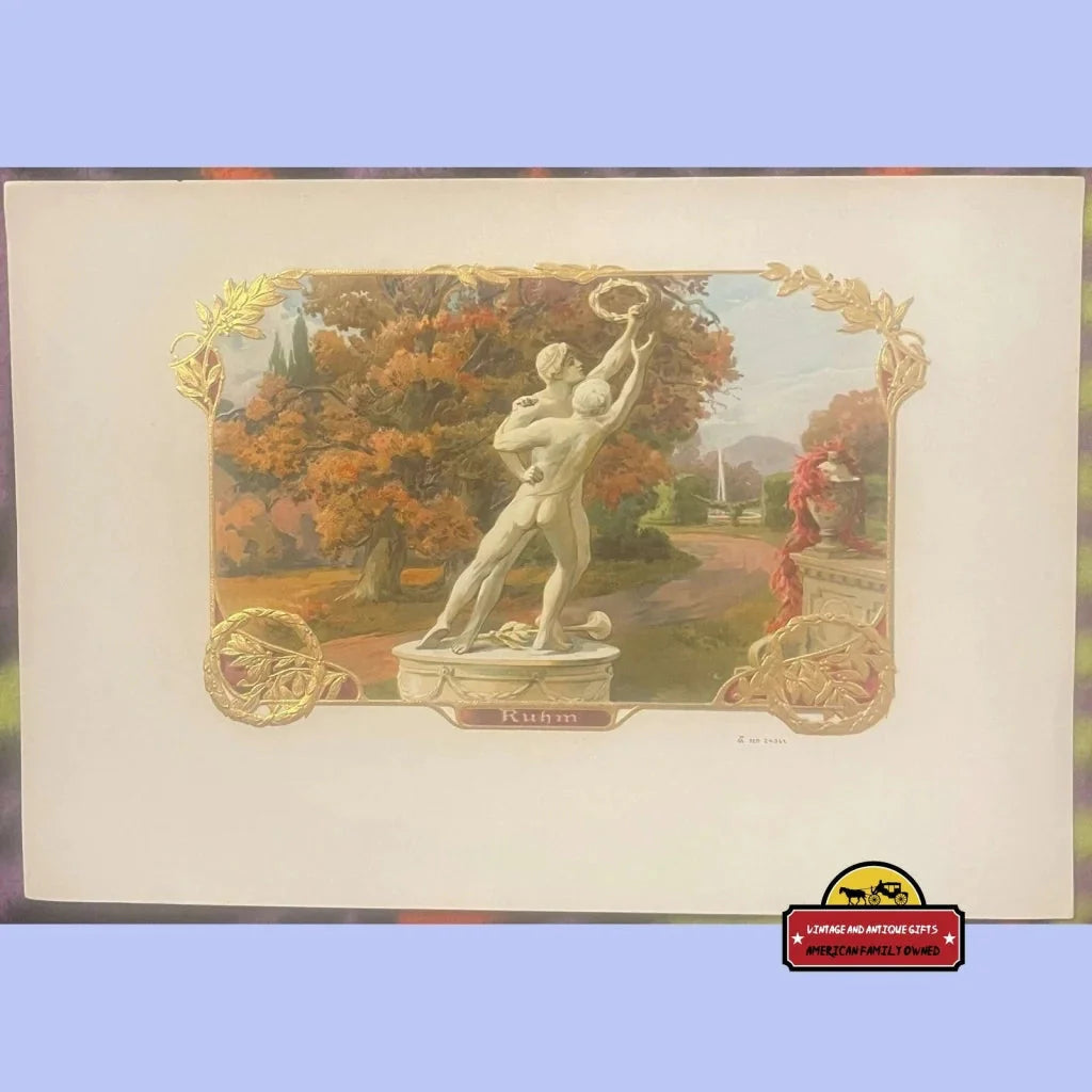 Vintage postcard of a classical sculpture in a garden for an embossed cigar label