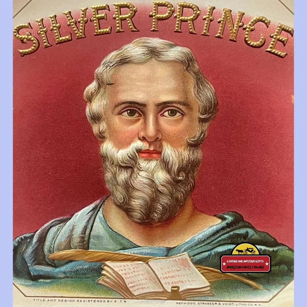 Portrait of a bearded man with white hair, featuring Silver Prince Antique Vintage Cigar Label