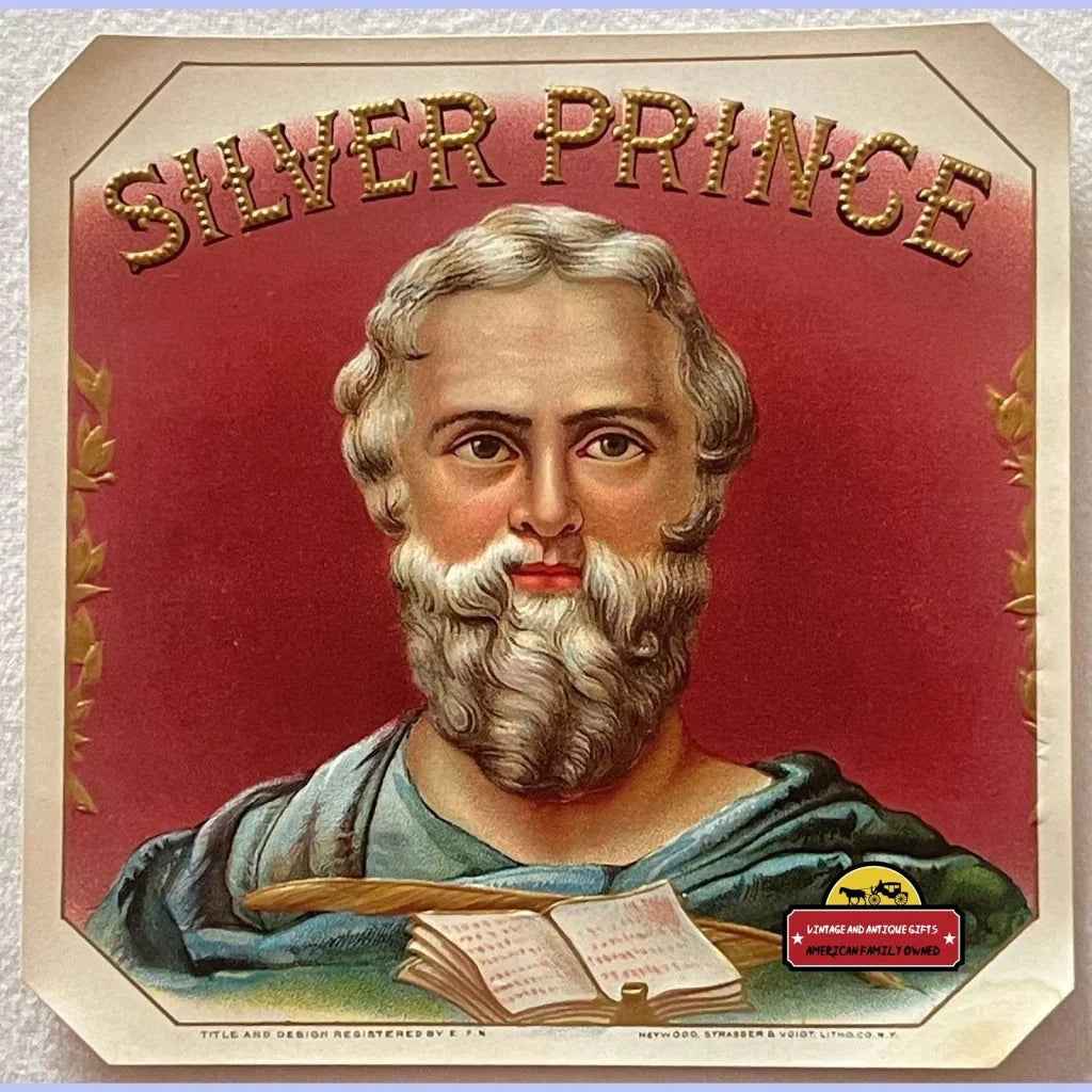 Vintage cigar label featuring a bearded man with Silver Prince above, perfect for antique vintage fans