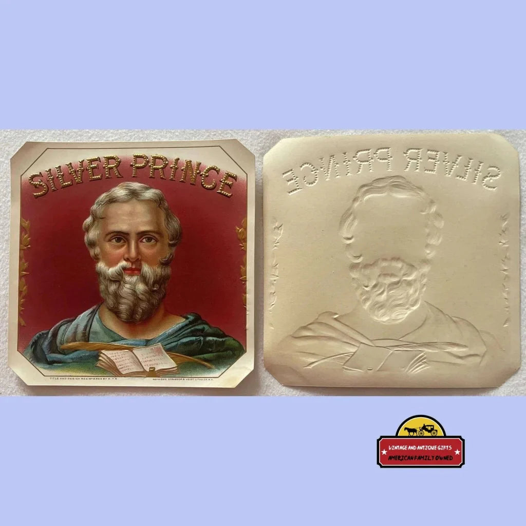 Bearded man portrait on Silver Prince antique vintage cigar label and mold