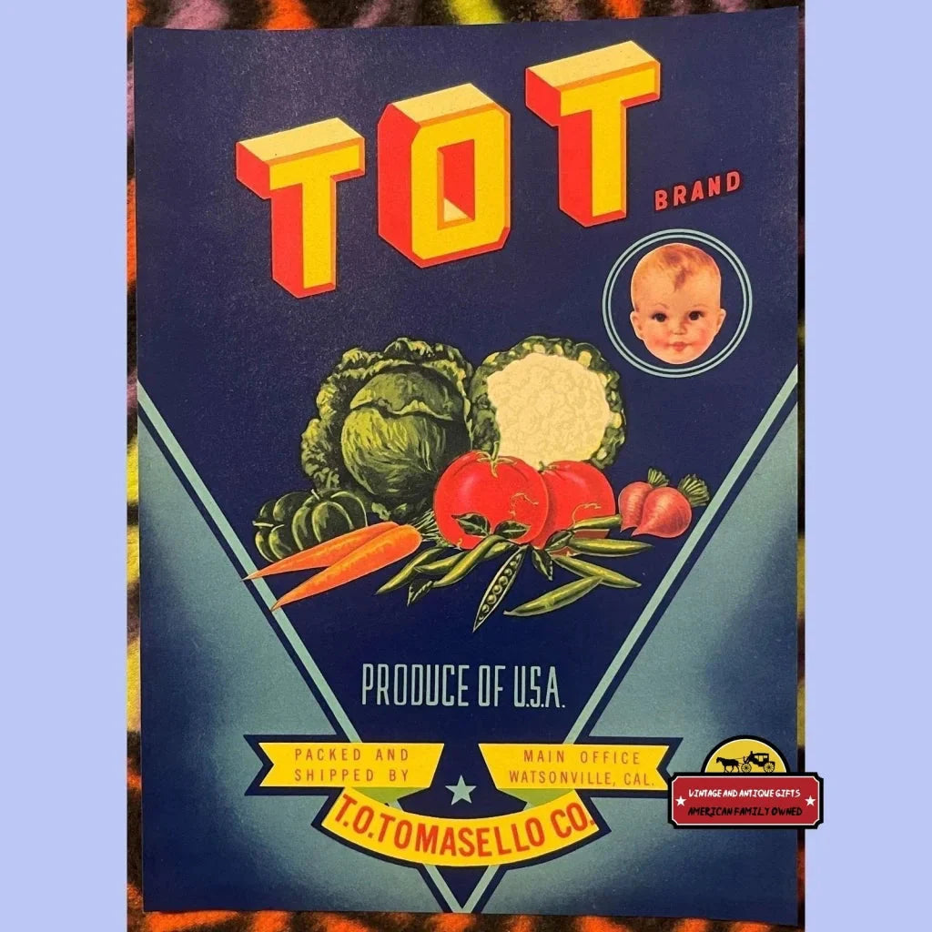 Colorful Antique Vintage Tot Crate Label showcasing bold veggies illustrations