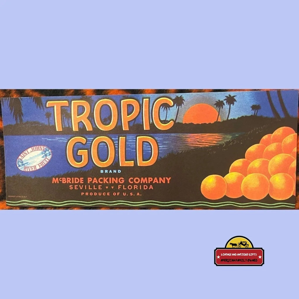 Antique Vintage 🌞 Tropic Gold Crate Label Seville Fl 1930s Tropical Decor 🦩 Advertisements Food and Home Misc.
