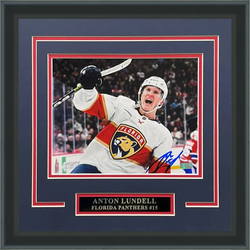 Autographed Florida Panthers 8x10 photo of Anton Lundell in deluxe framed black display