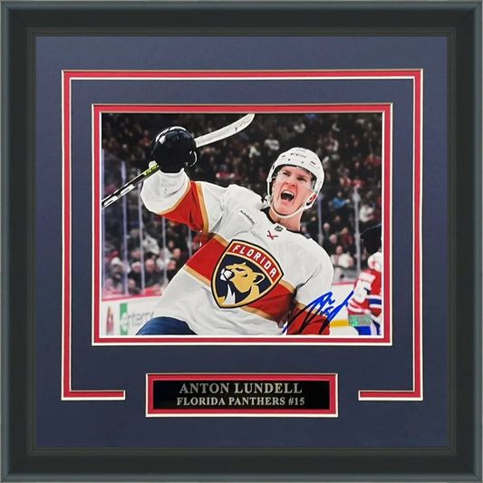 Autographed Florida Panthers 8x10 photo of Anton Lundell in deluxe framed black display