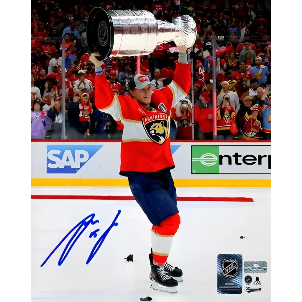 Anton Lundell autographed Stanley Cup trophy photo in silver with red blue accents