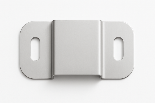 Two silver metal wall mounting brackets with oval slots, shown from front view against white background.