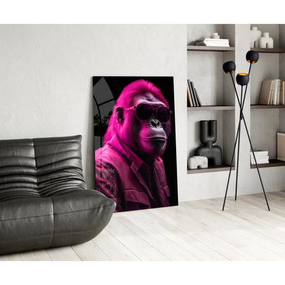Stylish pink gorilla in sunglasses on glass wall art portrait