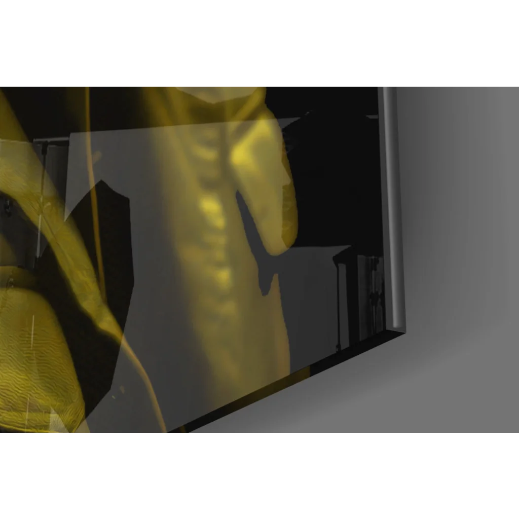 Sleek golden-yellow digital human torso with spine for Funky Yellow Gorilla Glass Wall Art