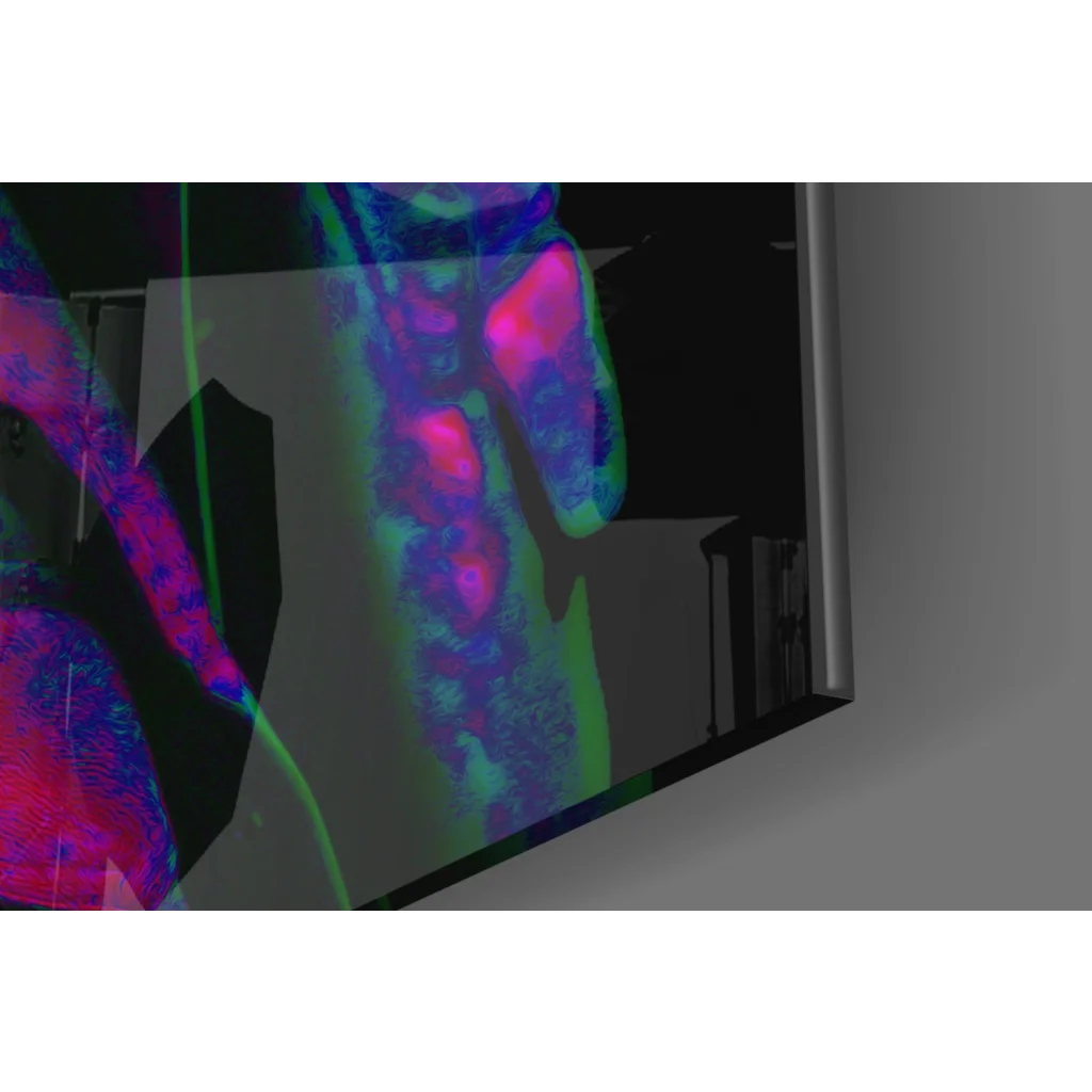 Neon Gorilla in Sunglasses on vibrant monitor as glass wall art