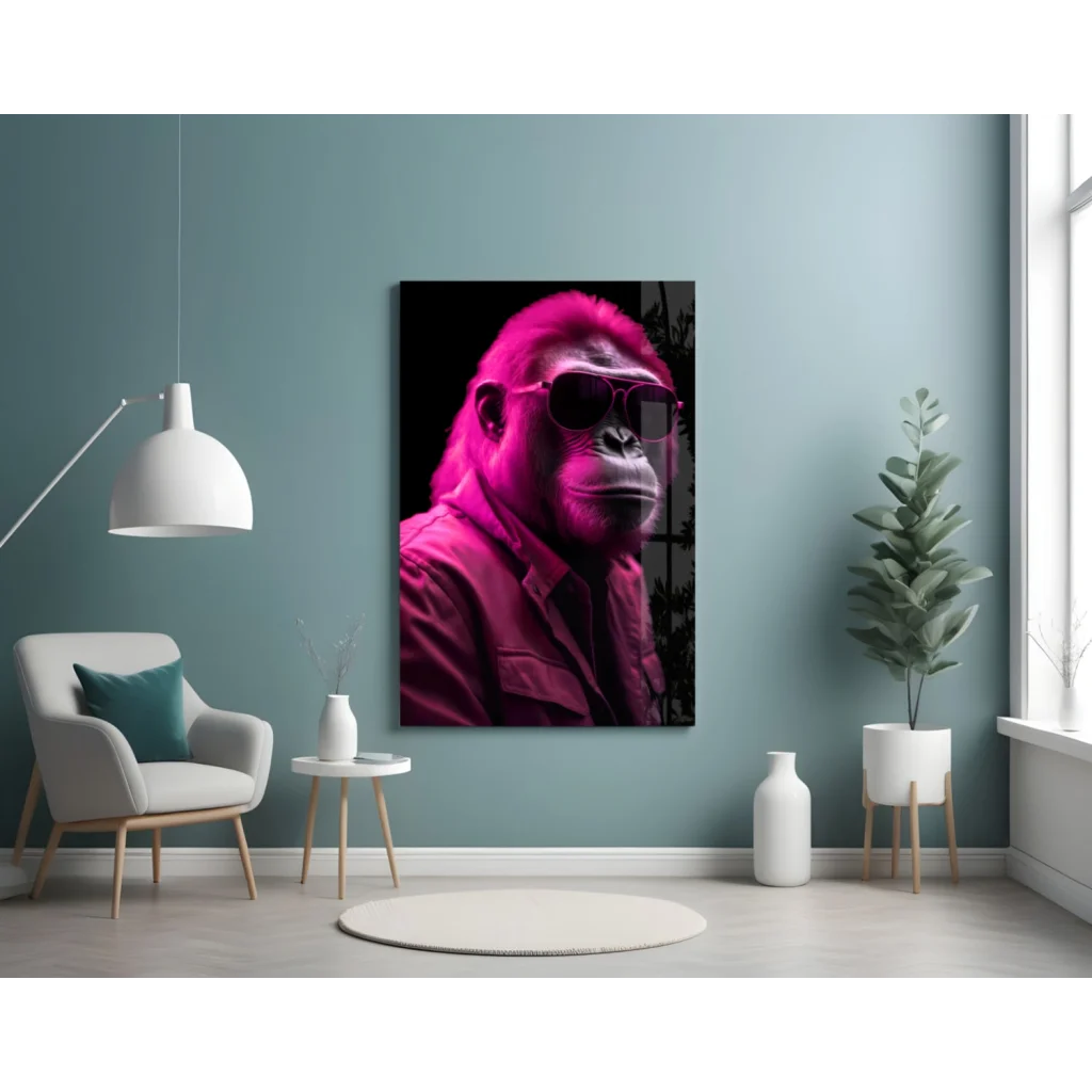 Vibrant pink gorilla glass wall art portrait with neon lights and sunglasses