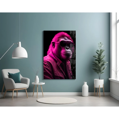 Vibrant pink gorilla glass wall art portrait with neon lights and sunglasses
