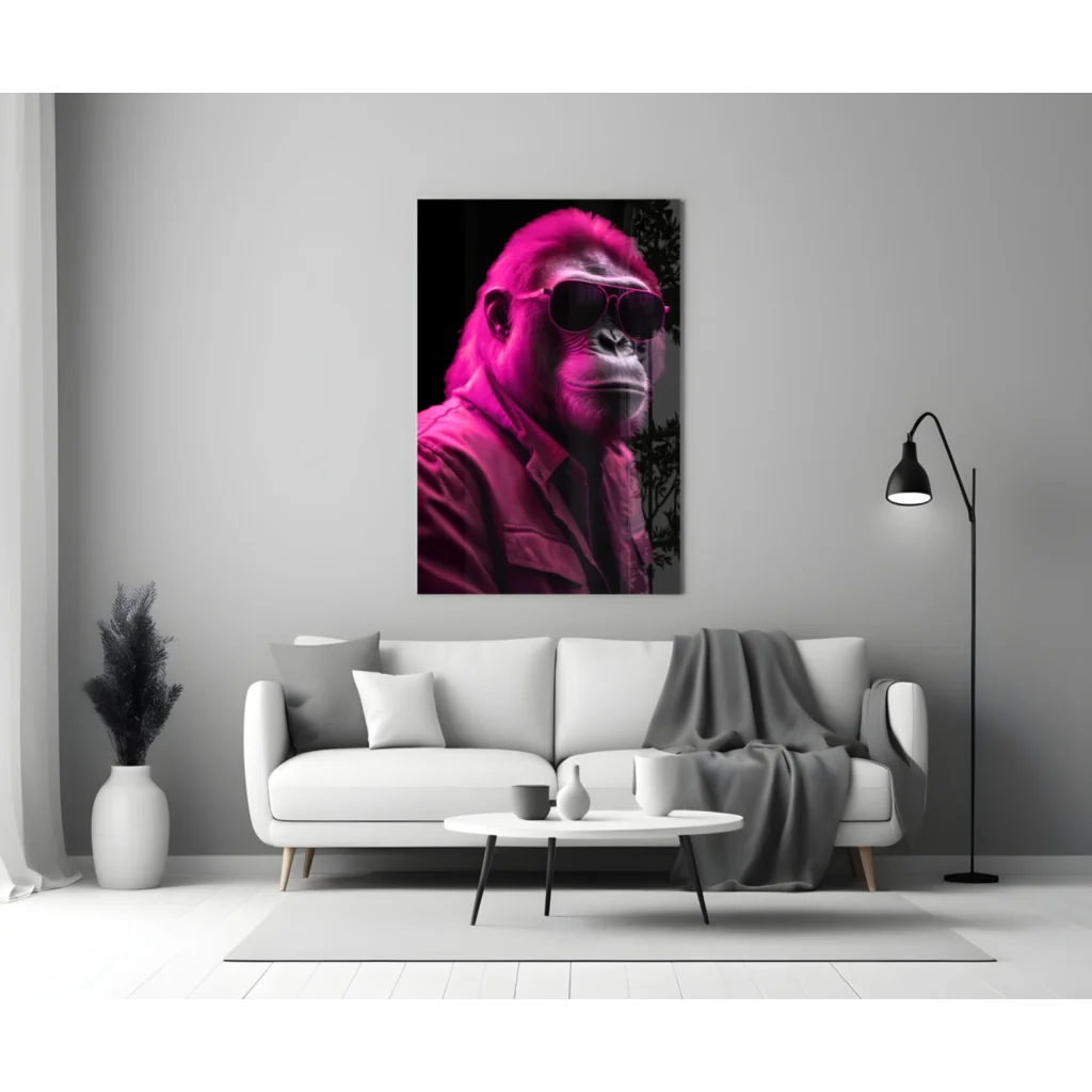 Vibrant pink gorilla glass wall art portrait with sunglasses