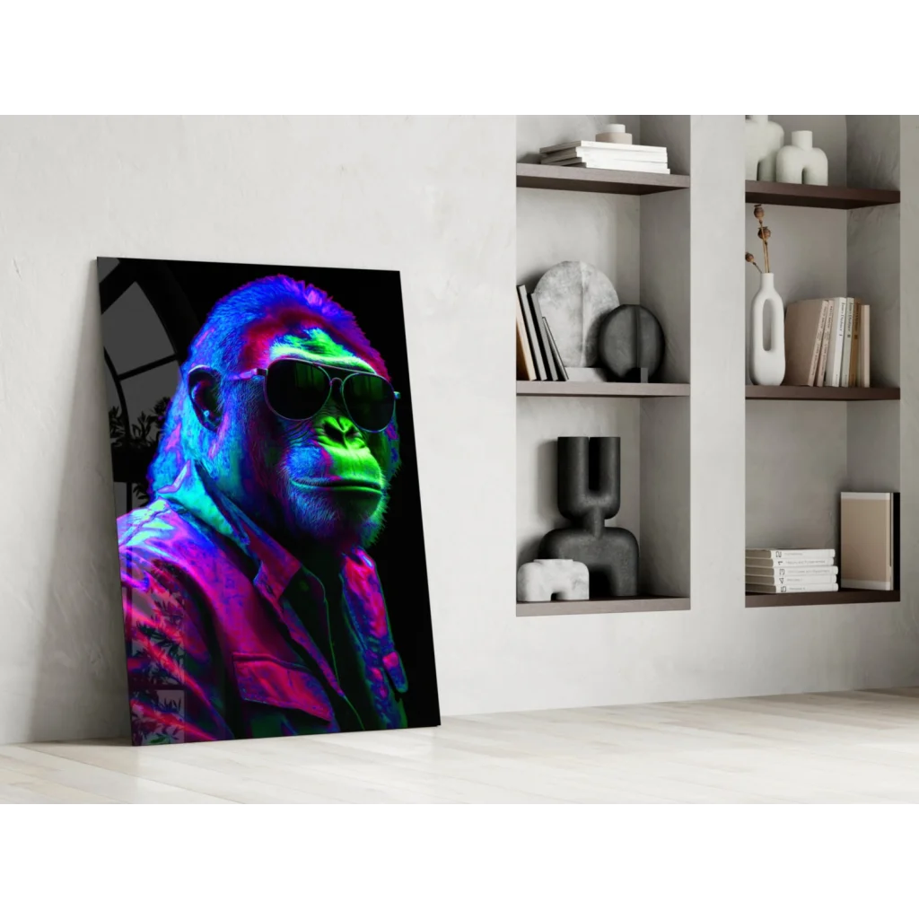Vibrant neon gorilla in sunglasses canvas wall art print
