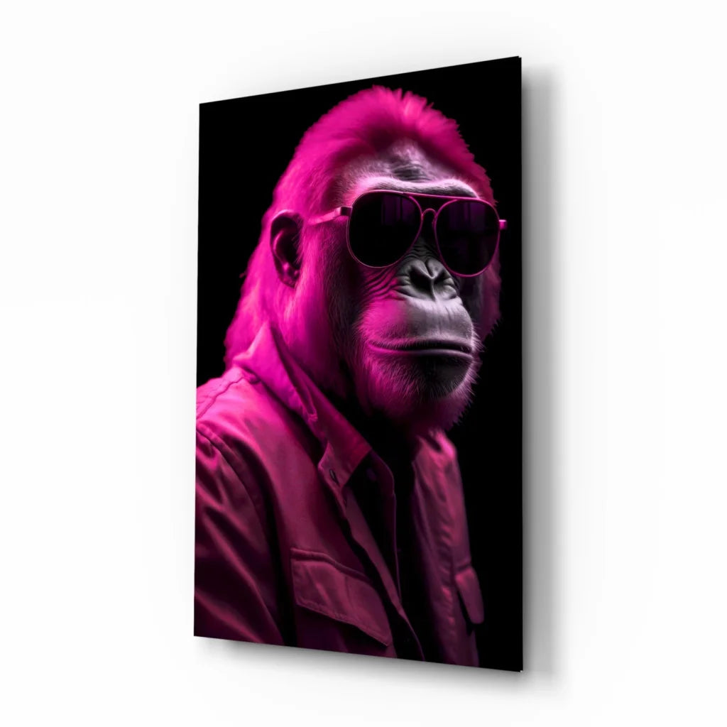 Vibrant pink gorilla glass wall art portrait with aviator sunglasses