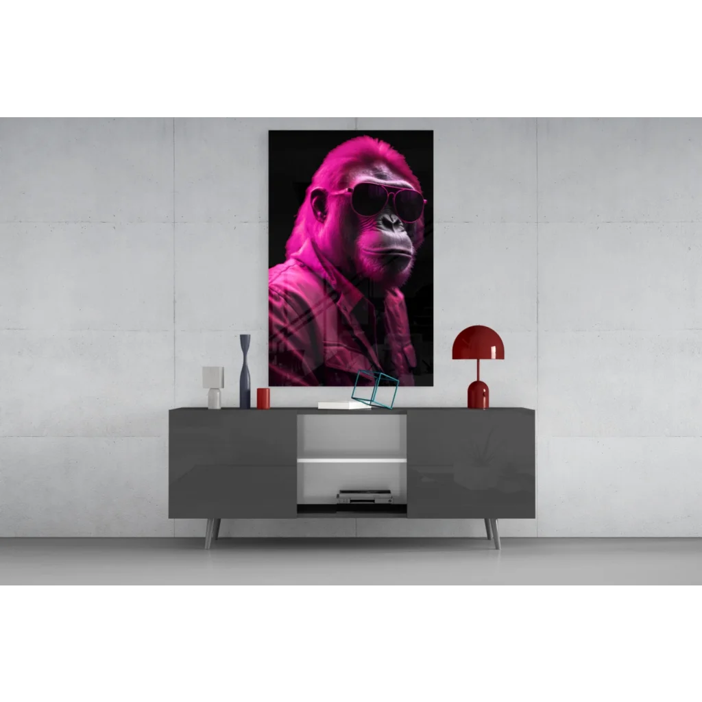 Vibrant magenta Pink Gorilla glass wall art portrait with bold sunglasses