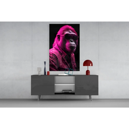 Vibrant magenta Pink Gorilla glass wall art portrait with bold sunglasses