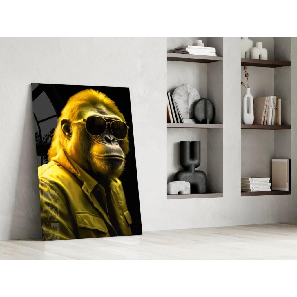 Funky yellow gorilla glass wall art with aviator shades