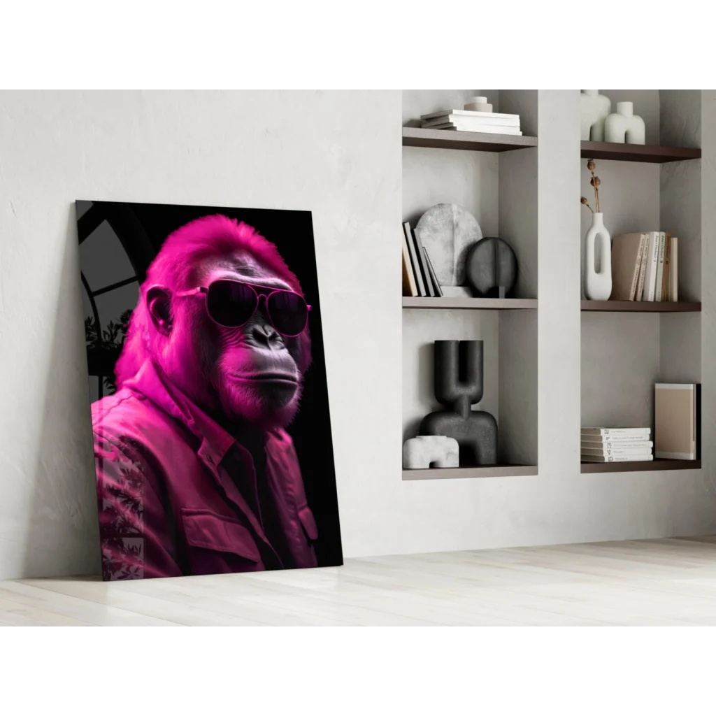 Vibrant pink gorilla in sunglasses on glass wall art portrait